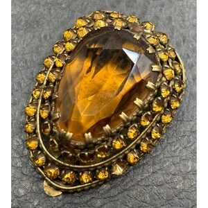 Vintage Large Czech Faux Amber Glass Rhinestone Crystal Dress Clip Gold Tone